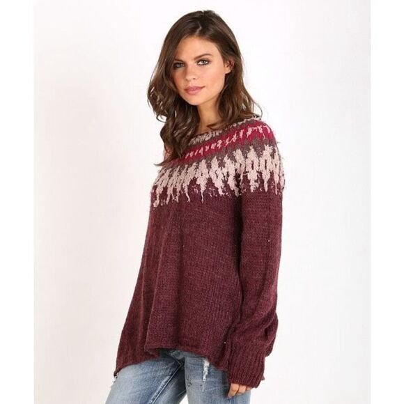 Free People Baltic Fairisle Sweater Berry Comno Wool Alpaca Blend Size XS NWOT - Picture 1 of 14